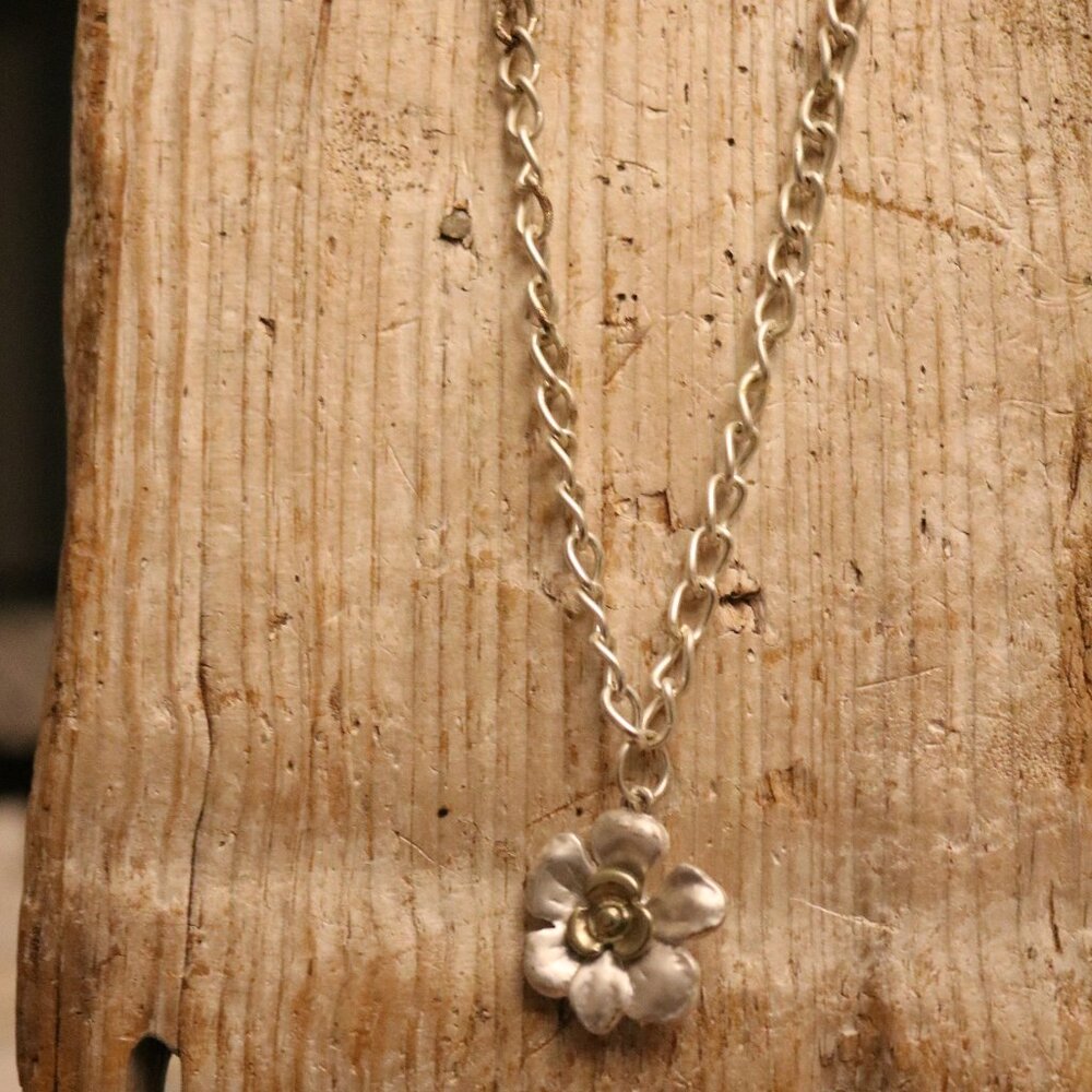 New Matte Silver w Flower Pendant on 16" Chain